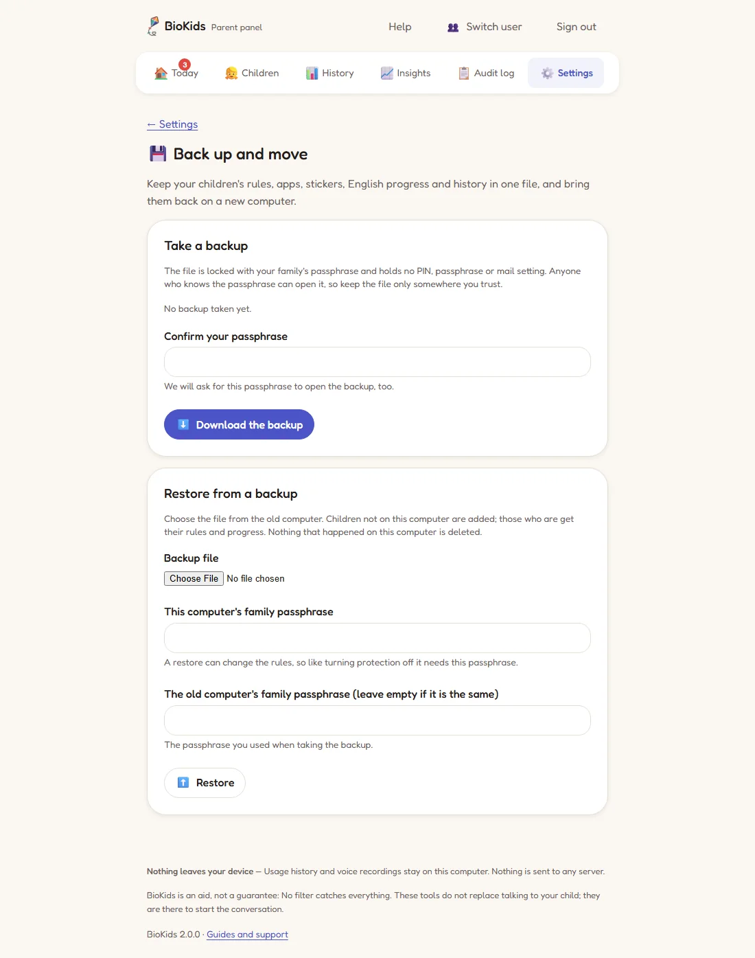 The Back up and move page: confirm the passphrase and download the backup at the top, choose a backup file and restore at the bottom.