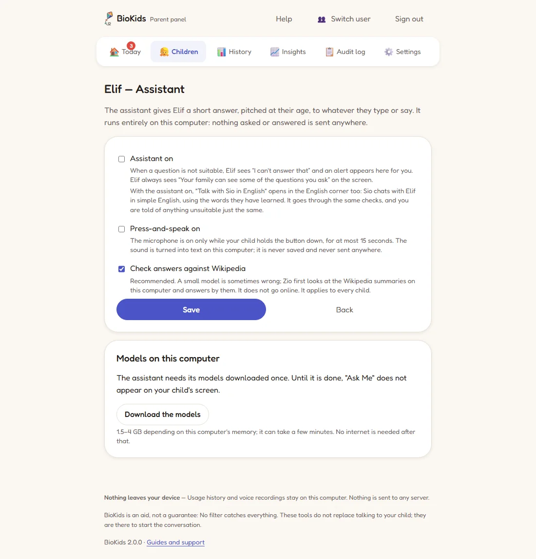 Elif's Assistant page: the Assistant on, Press-and-speak on and Check answers against Wikipedia boxes, and a Download the models button below.