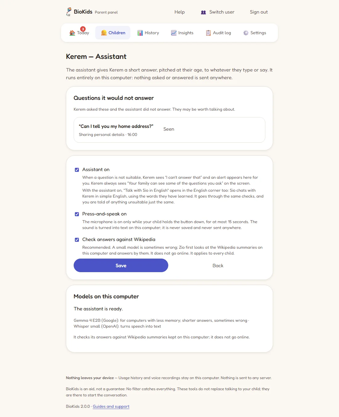 Kerem's Assistant page: one question under Questions it would not answer, the three settings ticked, and a models box saying the assistant is ready.