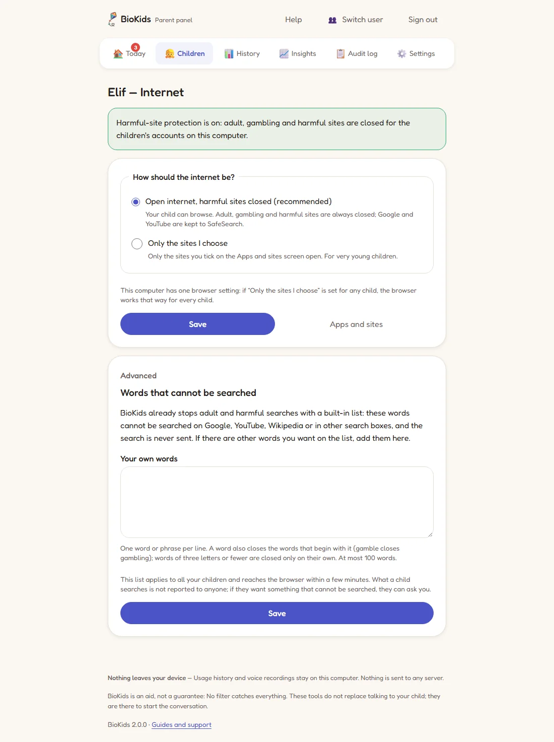 The Internet page with Advanced open: an explanation of words that cannot be searched and a box for your own words.