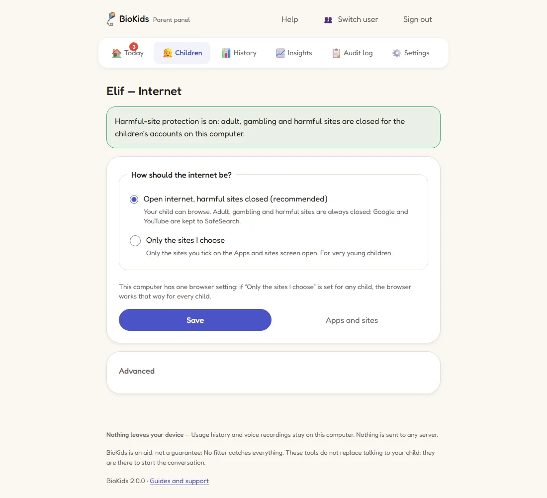 The Internet page for Elif: a Harmful-site protection is on box, the How should the internet be? question with two choices, and a Save button.
