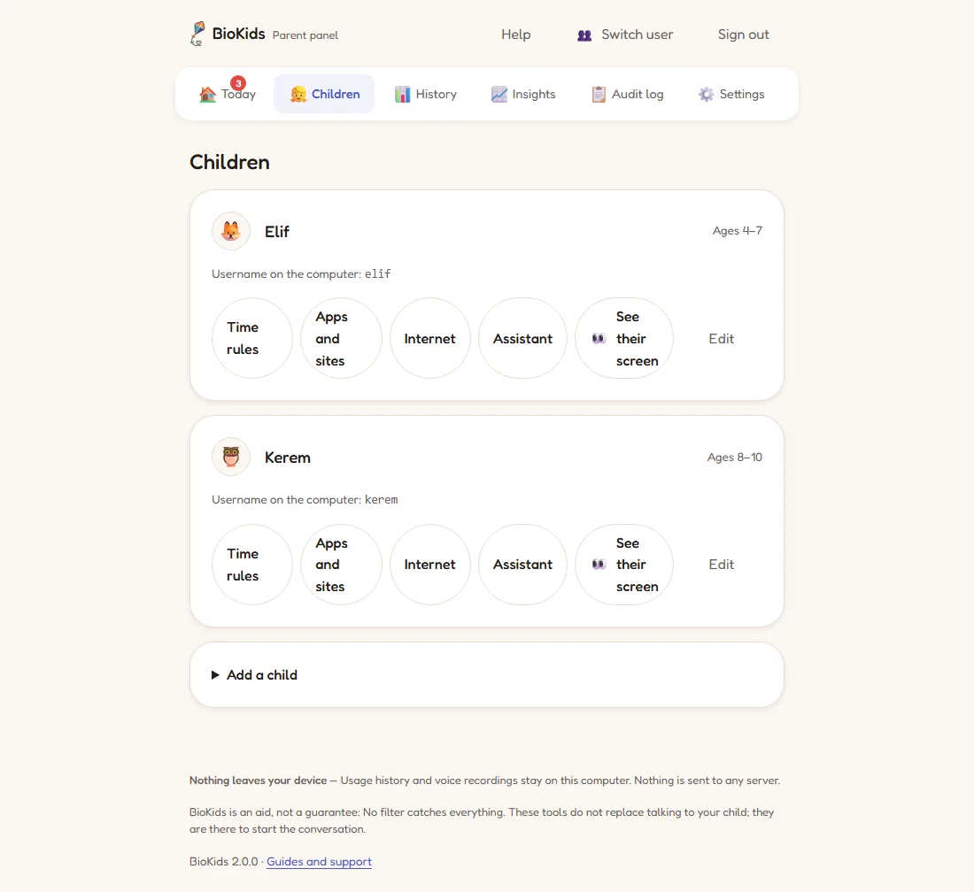The panel's Children screen: cards for Elif and Kerem with Time rules, Apps and sites, Internet, Assistant, See their screen and Edit buttons.