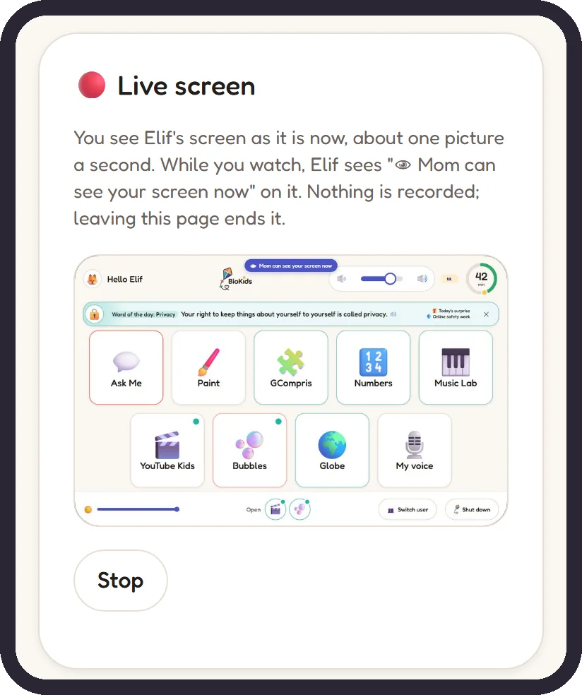 The BioKids parent panel on a phone: the Live screen card shows the child's screen as it is now, with a Stop button below.