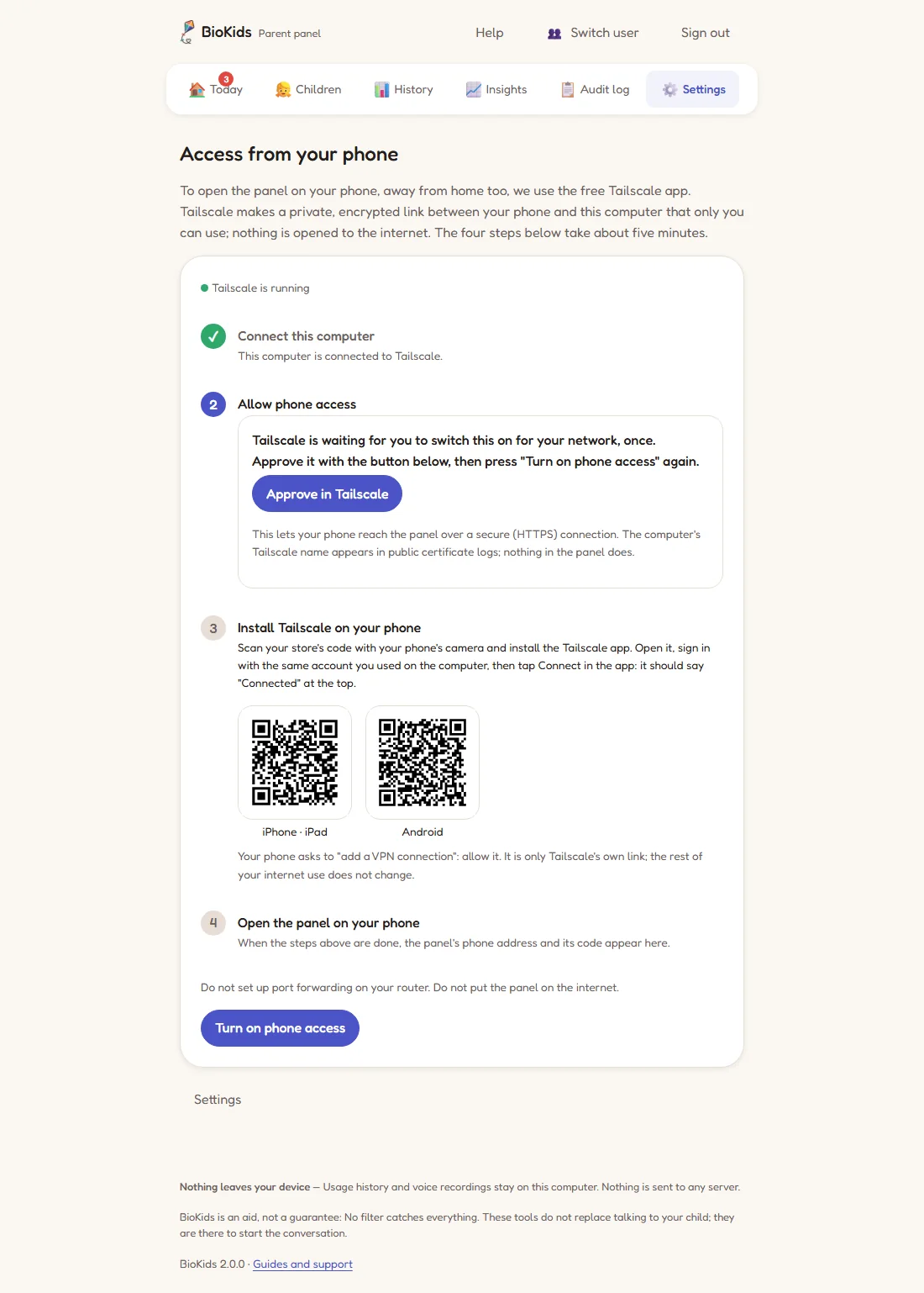 Step two says Tailscale is waiting for your approval, with an Approve in Tailscale button.