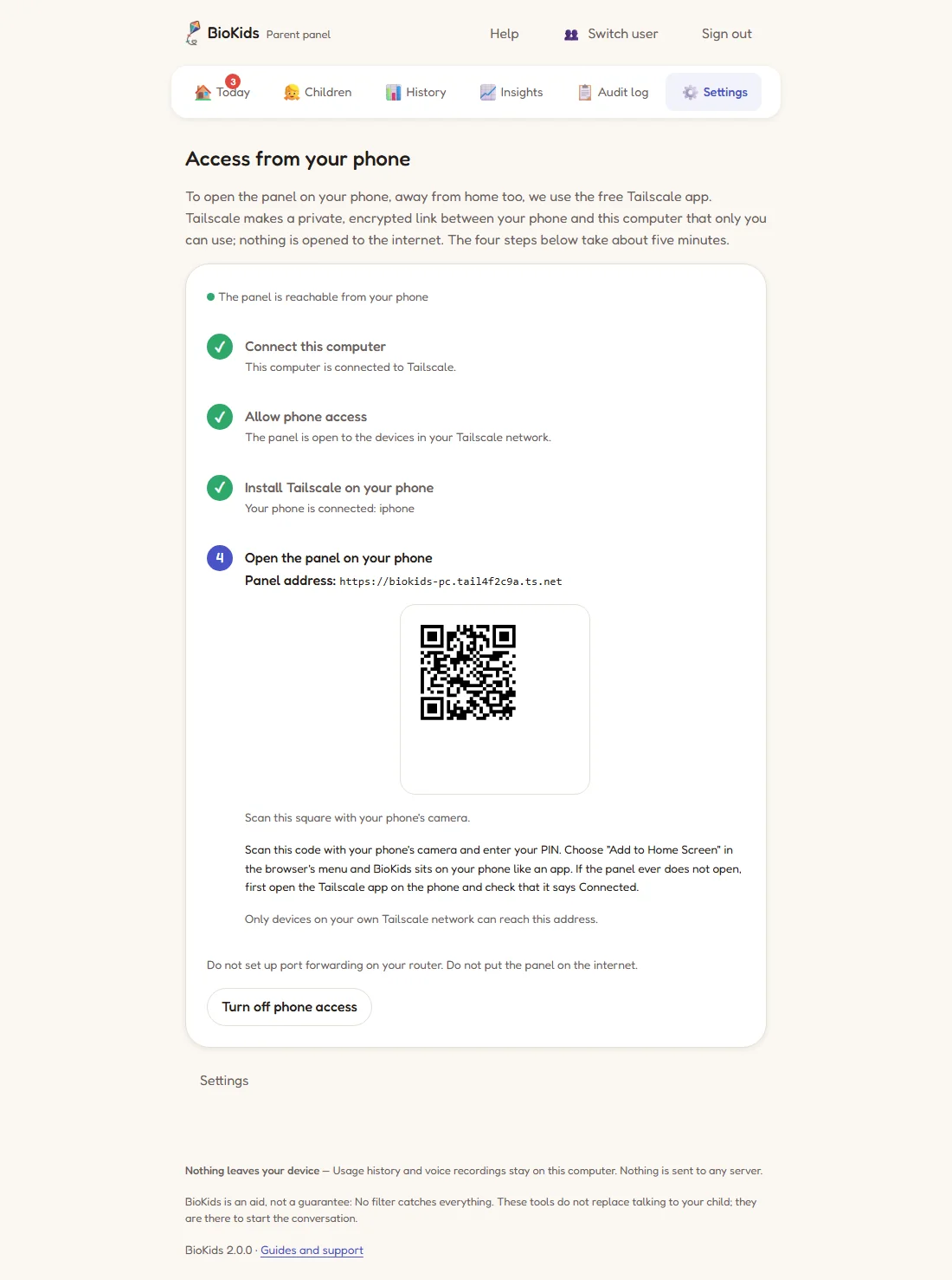 The Access from your phone page with all four steps done: the panel address, a QR code to scan, and a Turn off phone access button.