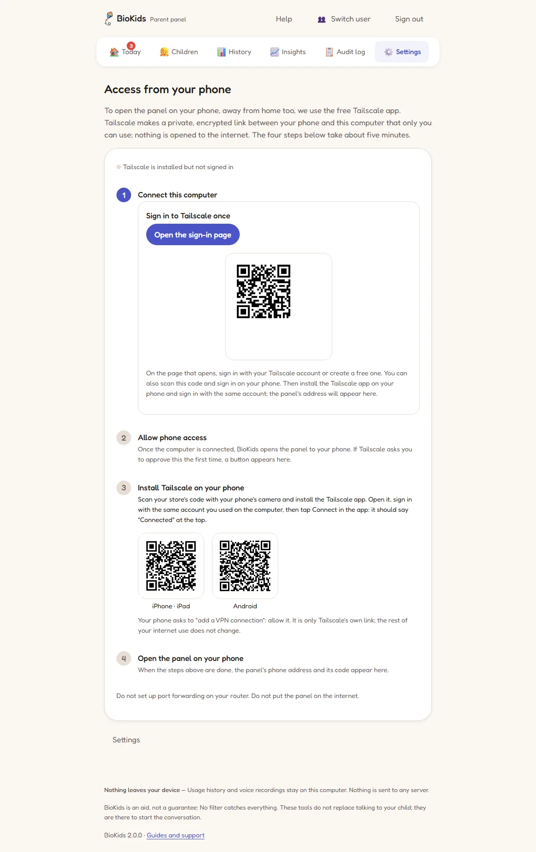 Step one asks you to sign in to Tailscale once: an Open the sign-in page button and a QR code.