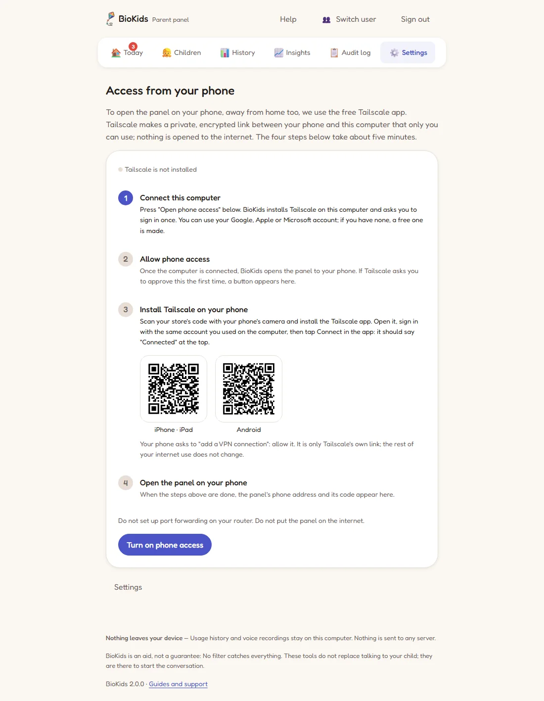The Access from your phone page in the panel: four numbered steps and a Turn on phone access button at the bottom.