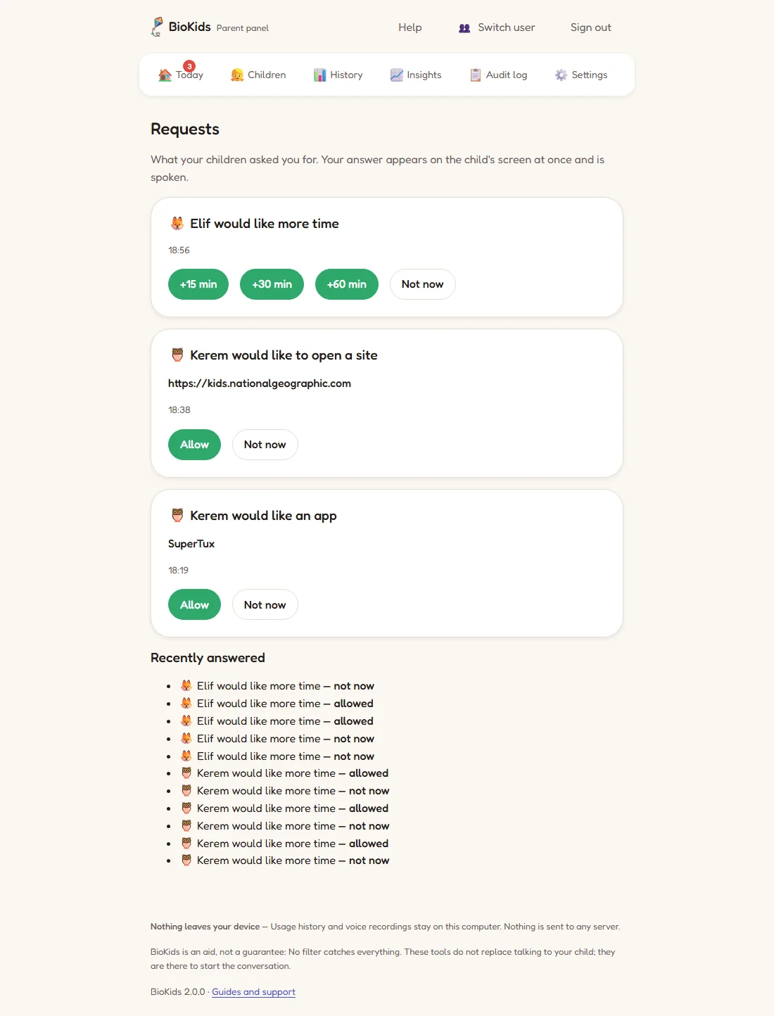 The Requests screen: Elif would like more time, Kerem would like to open a site, Kerem would like an app; Allow and Not now buttons.