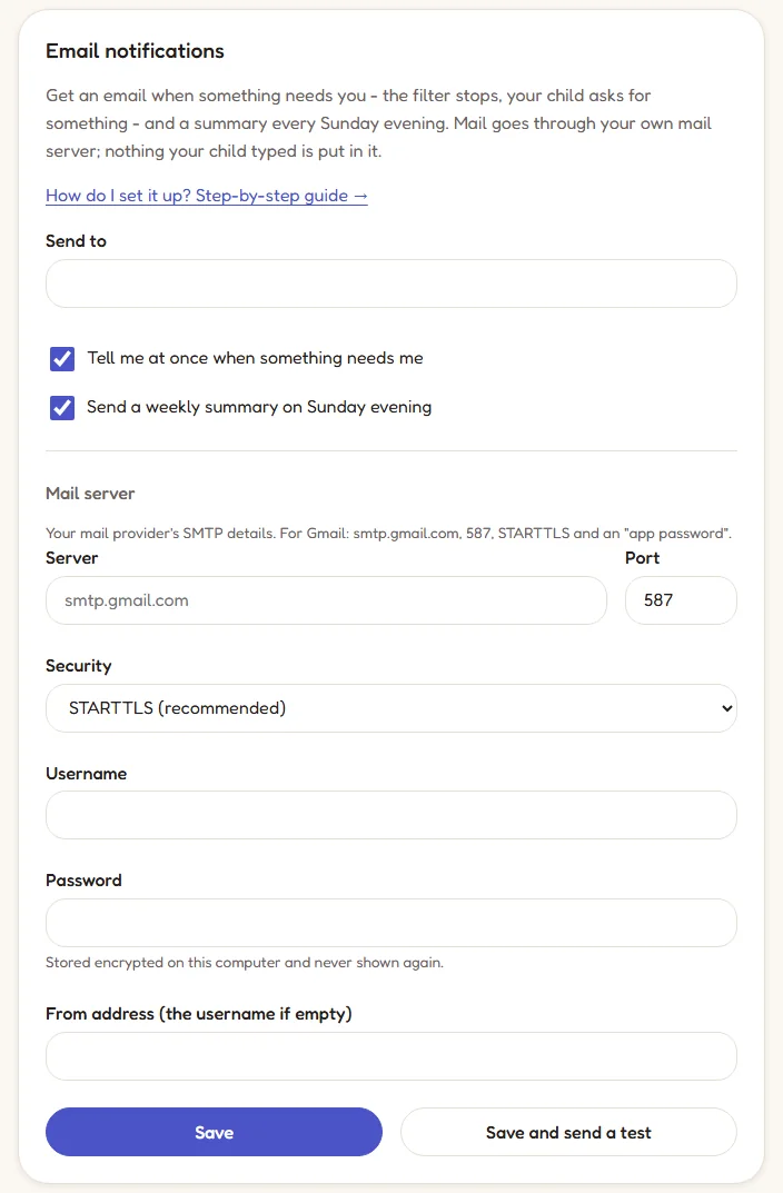 The Email notifications section: the address to send to, the two notification options, the mail server details and a Save and send a test button.
