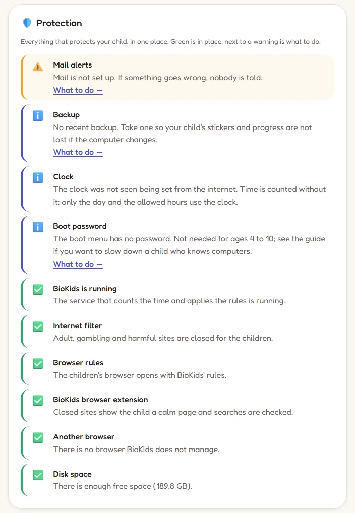 The Protection list: a warning for email alerts, notes for the backup, the clock and the boot password, the rest green.