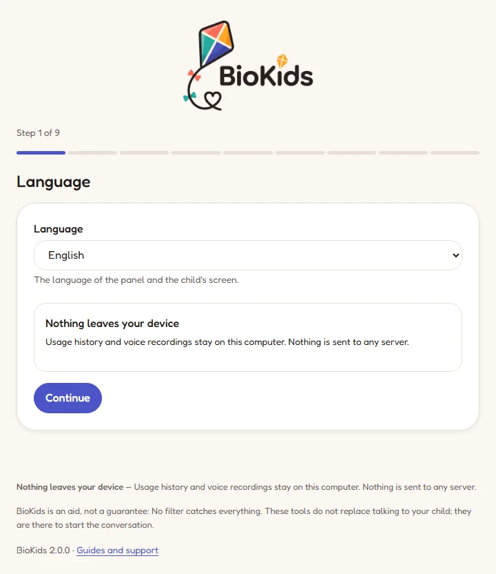 The first step of the BioKids setup wizard: choosing the language, with the note that nothing leaves your device.