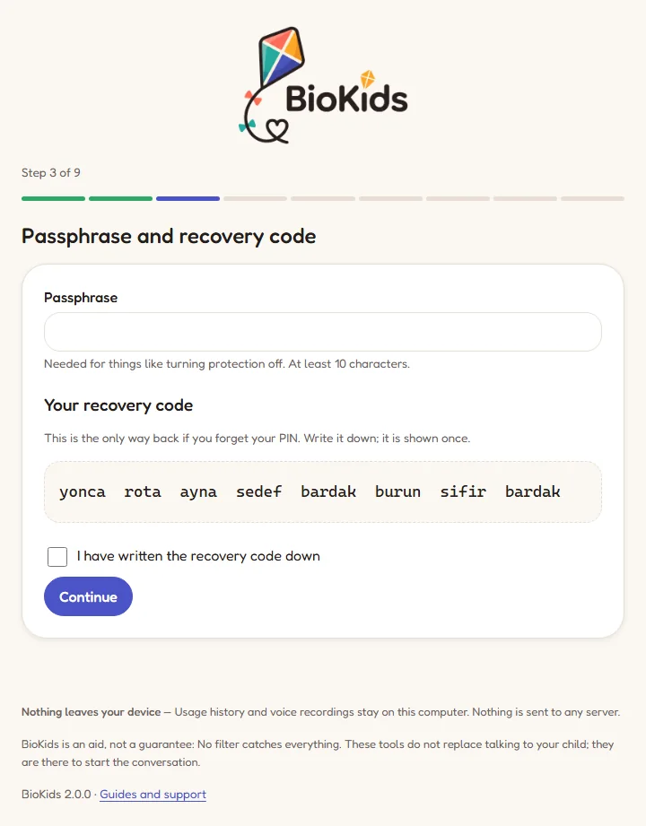 Step 3 of the setup wizard: a Passphrase box, an eight-word recovery code and the I have written the recovery code down box.