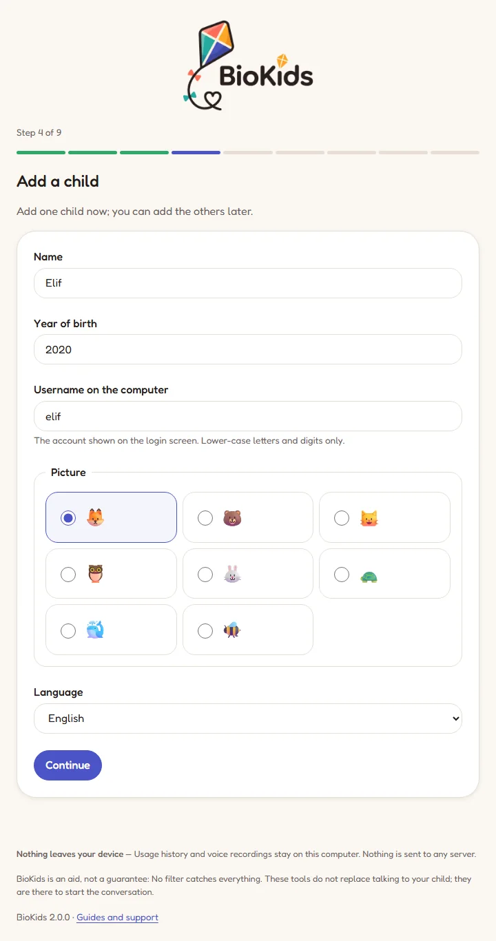 Step 4 of the setup wizard: name, year of birth, username on the computer, a choice of animal pictures and the language.