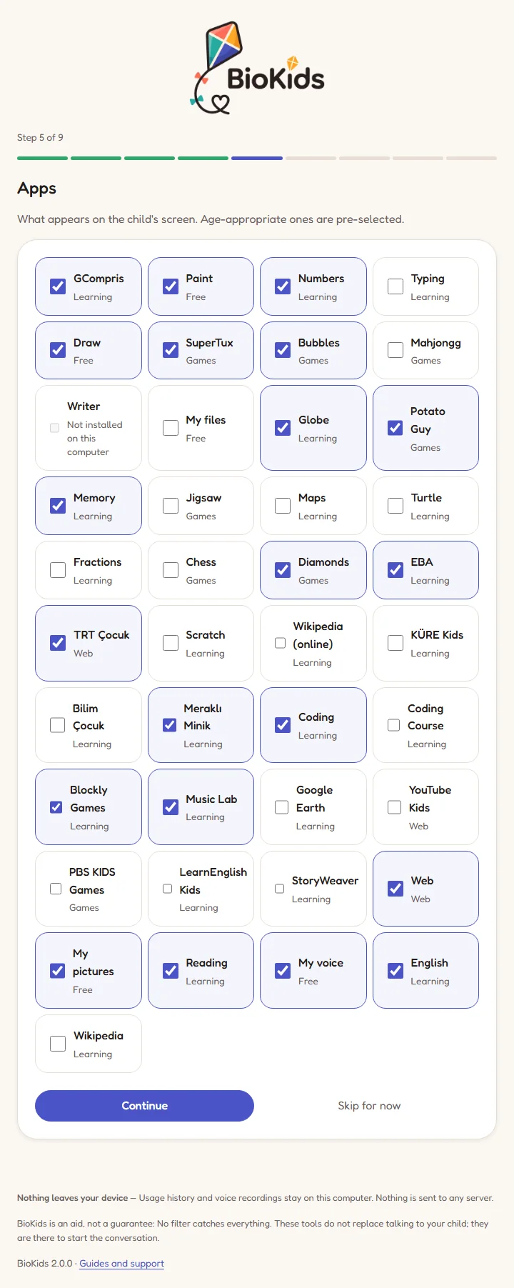 Step 5 of the setup wizard: a grid of app and site boxes, some ticked and some not.
