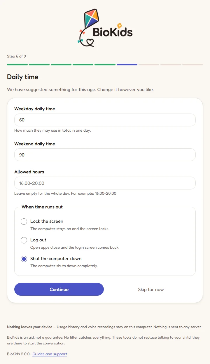 Step 6 of the setup wizard: 60 minutes on weekdays, 90 at weekends, allowed hours 16:00-20:00, and the When time runs out choices with Shut the computer down selected.