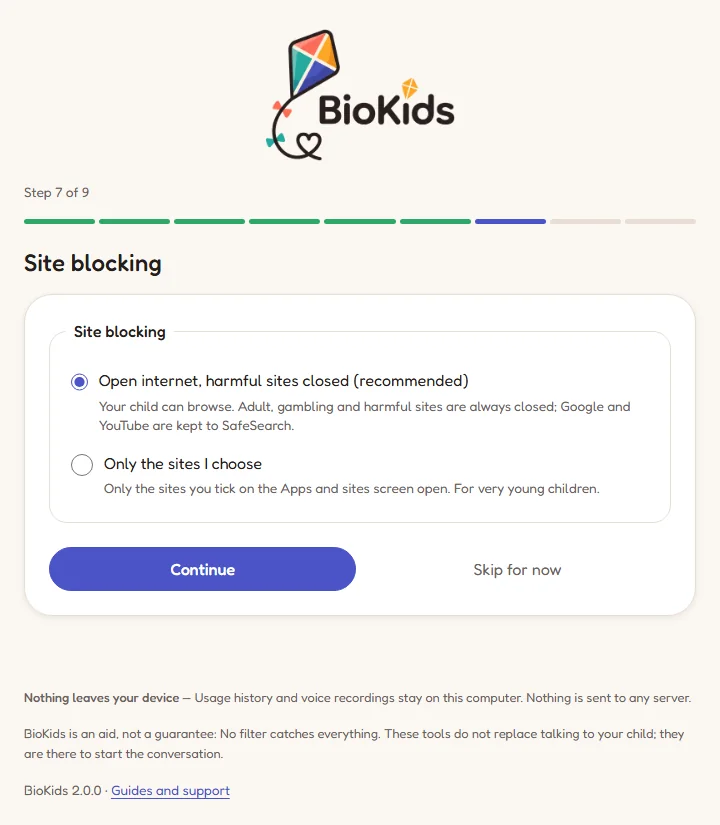 Step 7 of the setup wizard: the two internet choices, open internet with harmful sites closed, or only the sites I choose.
