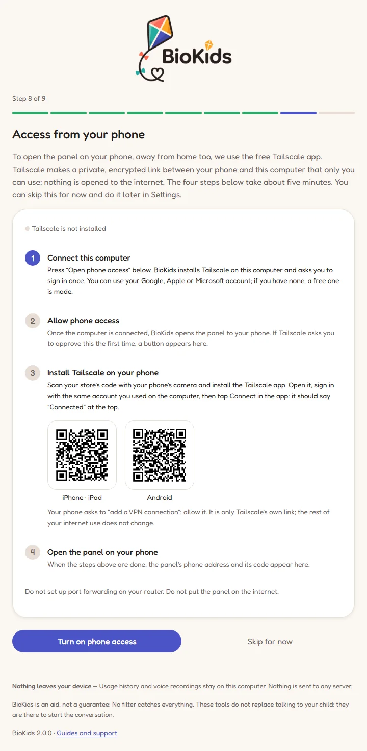 Step 8 of the setup wizard: four steps for phone access, App Store and Google Play QR codes, and the Turn on phone access and Skip for now buttons.