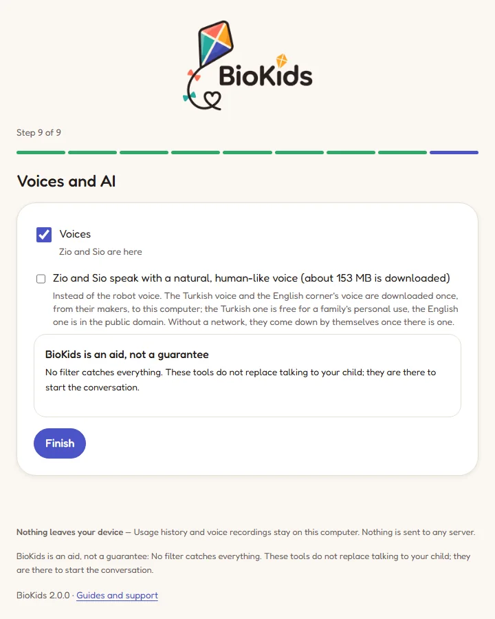 Step 9 of the setup wizard: the Voices box, the natural voice download box, and a note that BioKids is an aid, not a guarantee.