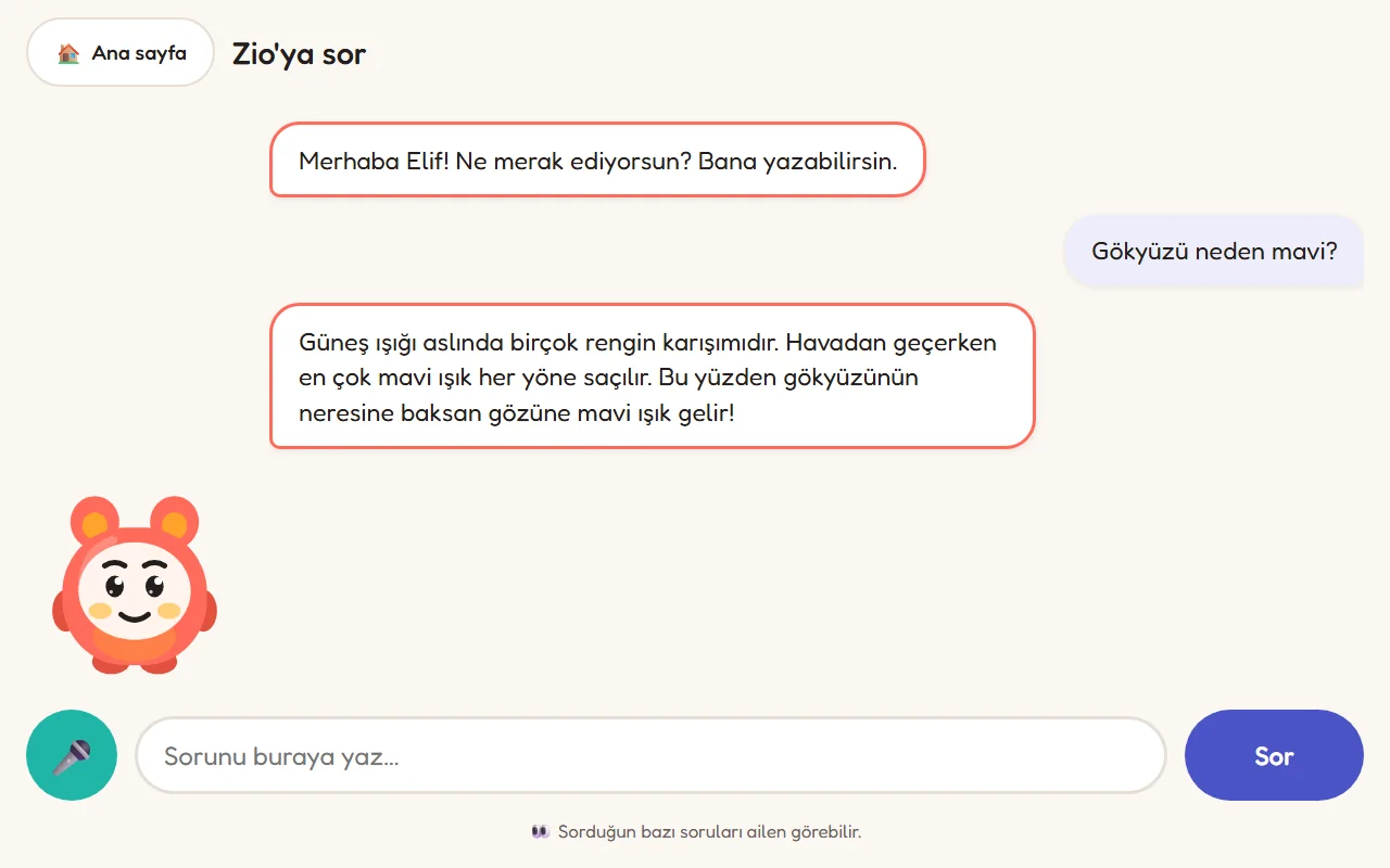 Zio'ya sor ekranı: çocuk gökyüzünün neden mavi olduğunu soruyor ve yaşına uygun kısa bir yanıt alıyor.
