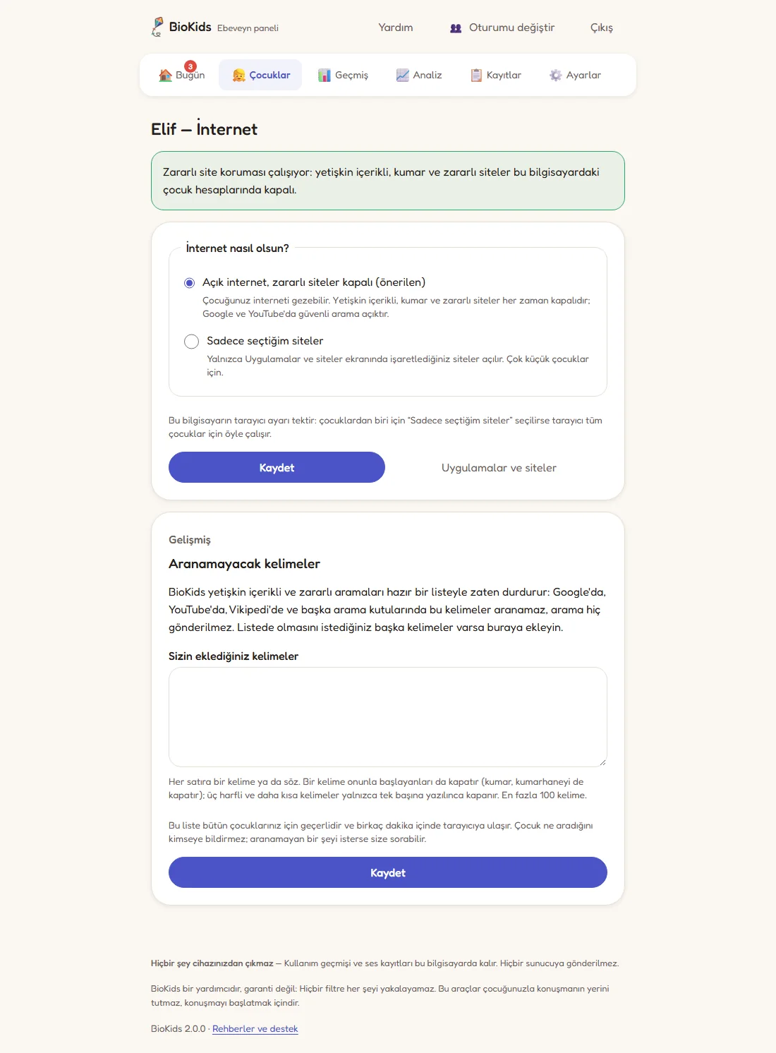 Gelişmiş açıkken İnternet sayfası: Aranamayacak kelimeler açıklaması ve Sizin eklediğiniz kelimeler kutusu.