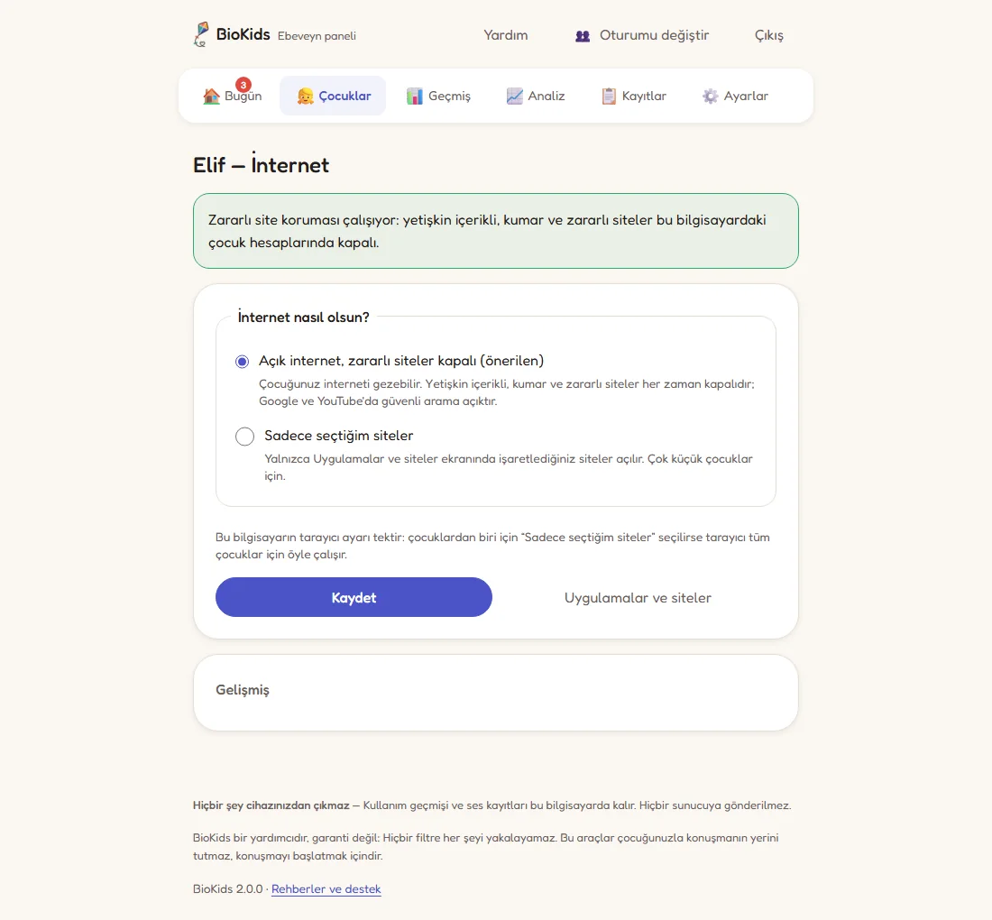 Elif için İnternet sayfası: Zararlı site koruması çalışıyor kutusu, İnternet nasıl olsun sorusu ve iki seçenek, Kaydet düğmesi.