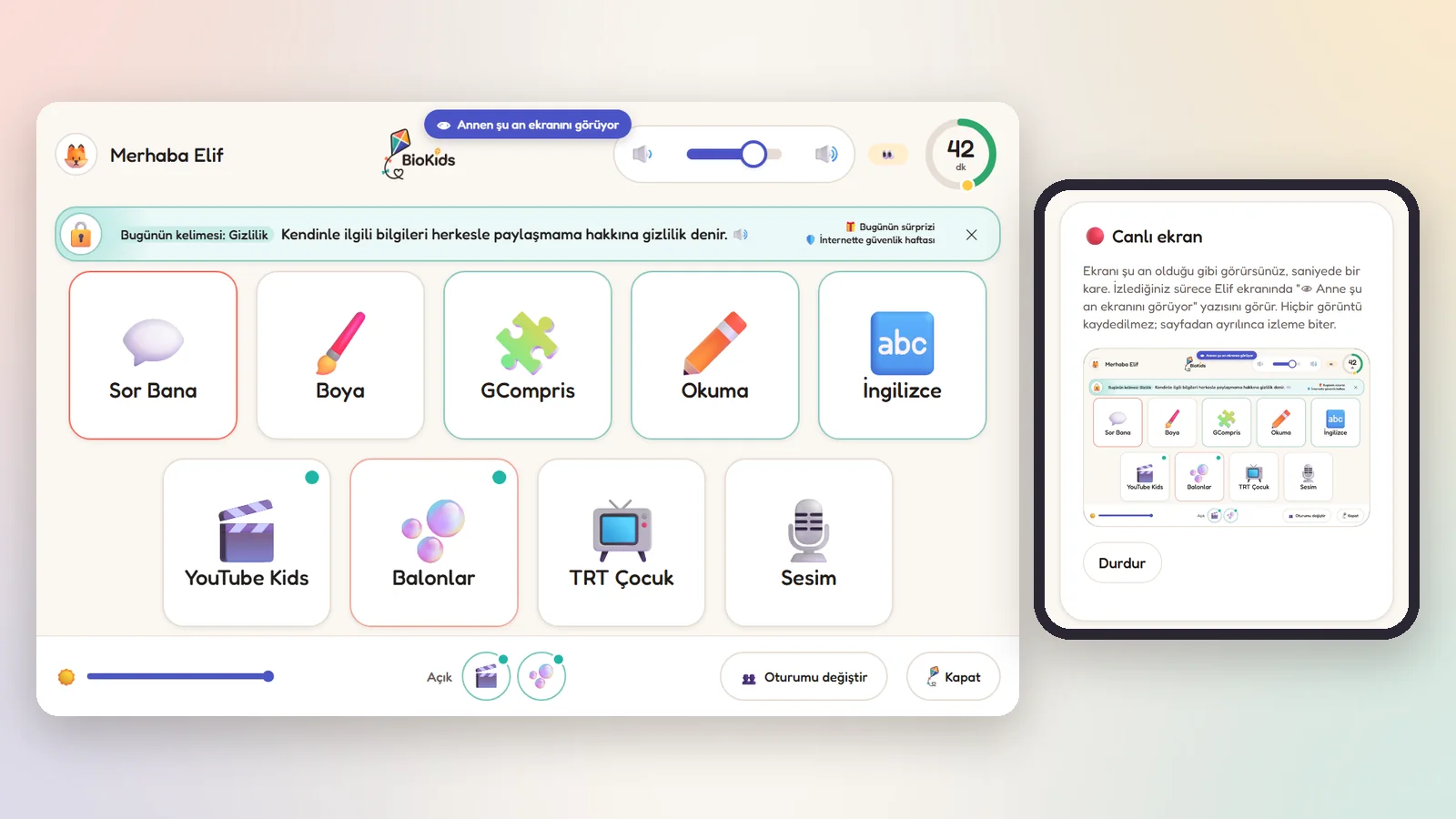Solda çocuğun BioKids ekranı: büyük uygulama kutuları ve 42 dakika kaldığını gösteren halka; üstte "Annen şu an ekranını görüyor" yazısı. Sağda o ekranı canlı izleyen ebeveynin telefonu.