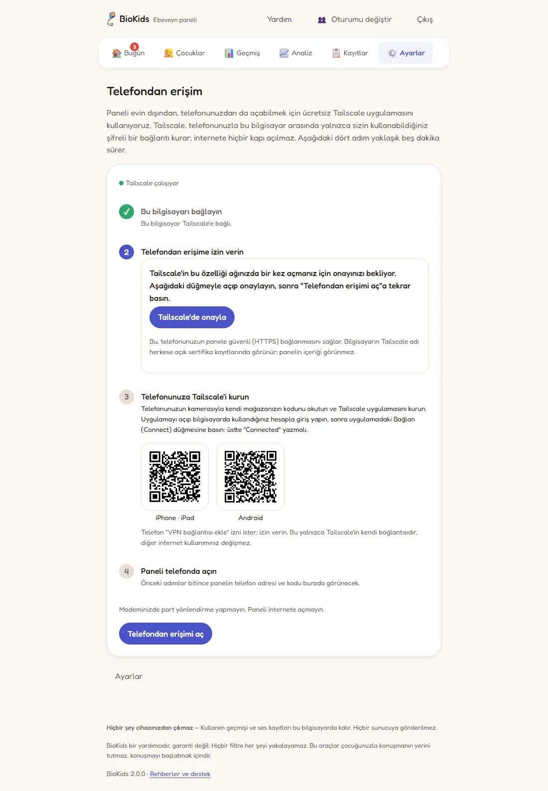 İkinci adımda Tailscale'in onay beklediğini söyleyen kutu ve Tailscale'de onayla düğmesi.