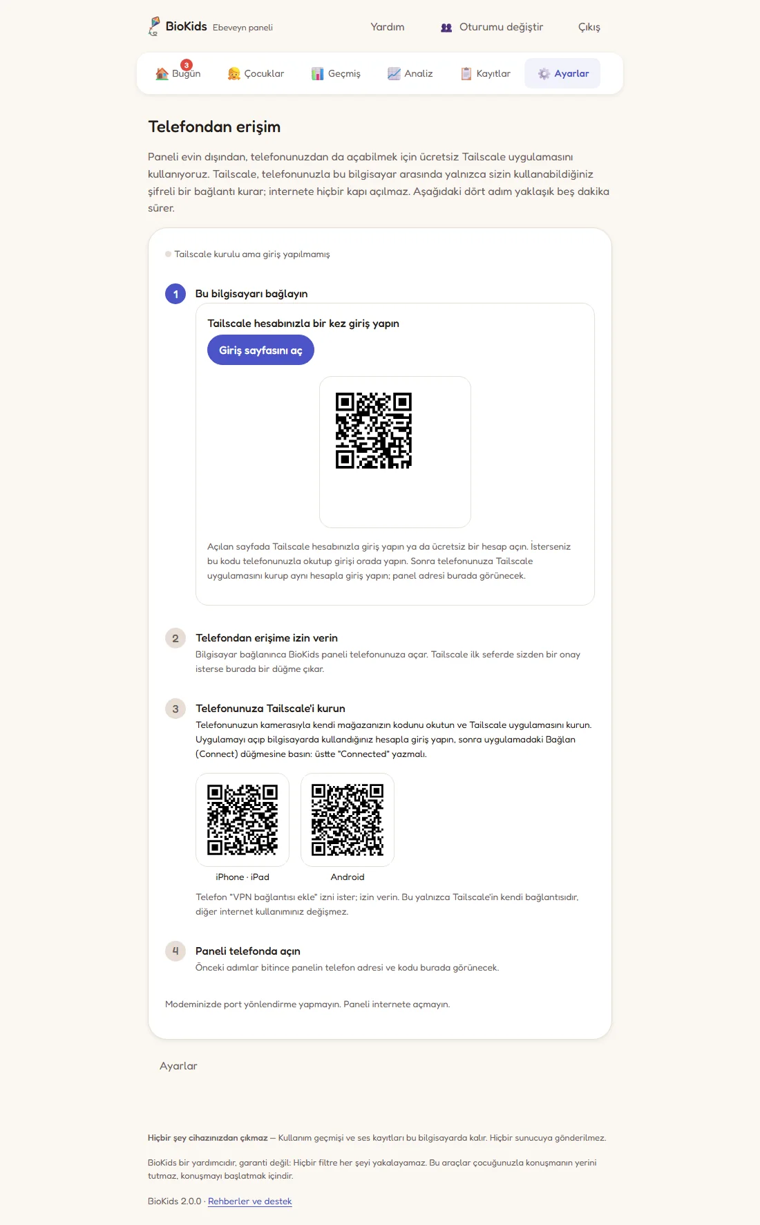 Birinci adımda Tailscale hesabınızla bir kez giriş yapın kutusu: Giriş sayfasını aç düğmesi ve bir QR kodu.