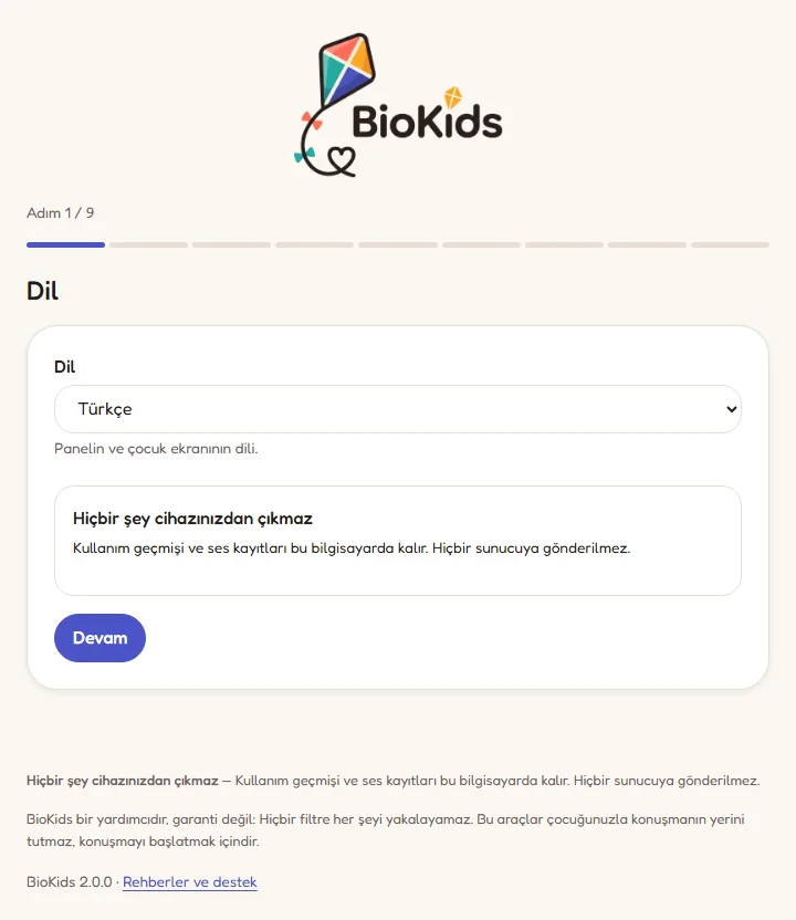 BioKids kurulum sihirbazının ilk adımı: dil seçimi ve Hiçbir şey cihazınızdan çıkmaz notu.