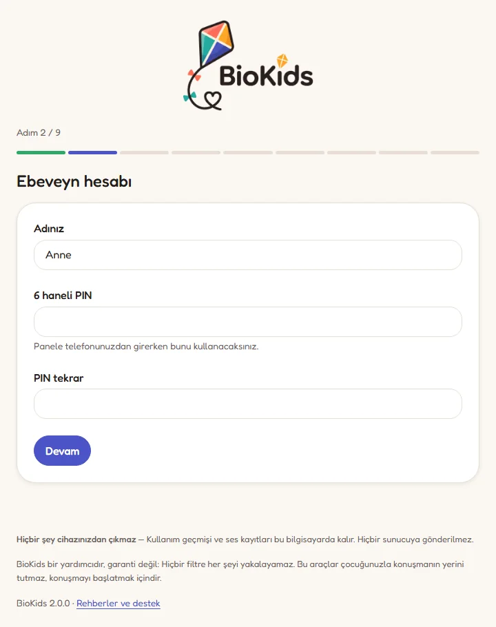 Kurulum sihirbazının 2. adımı: Adınız, 6 haneli PIN ve PIN tekrar kutuları.