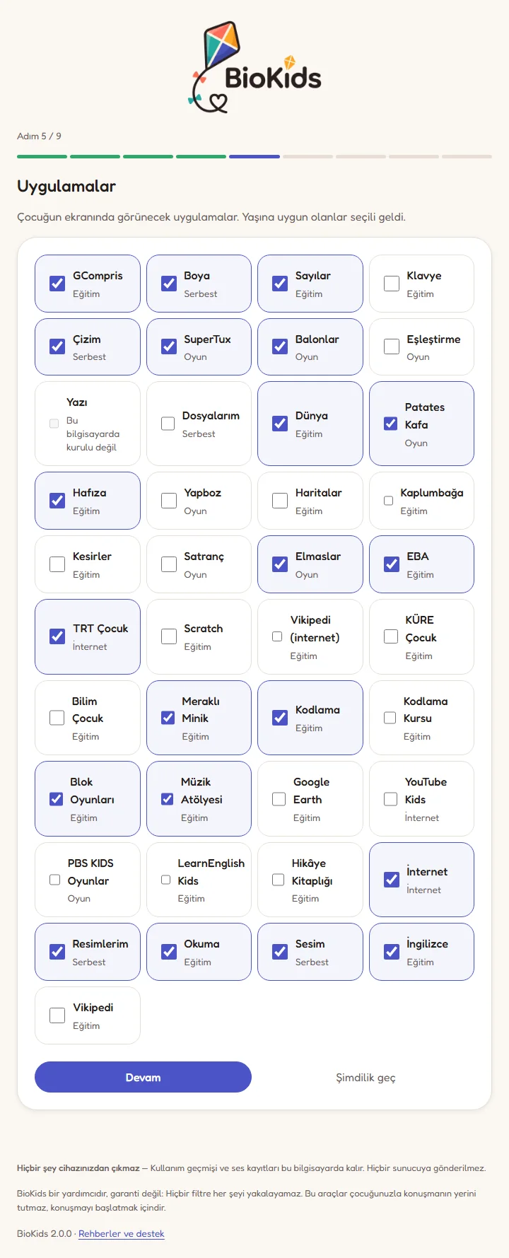 Kurulum sihirbazının 5. adımı: işaretli ve işaretsiz uygulama ve site kutularından oluşan bir liste.
