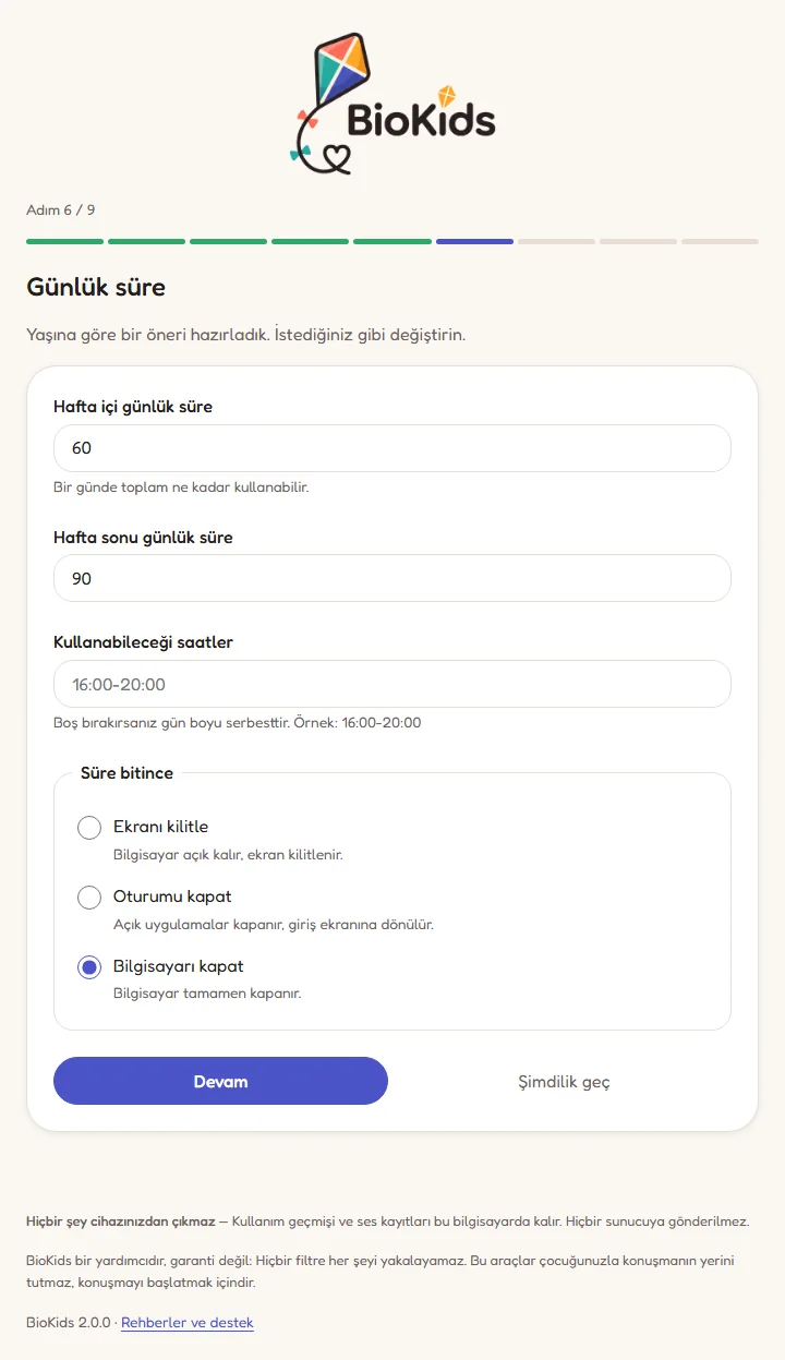 Kurulum sihirbazının 6. adımı: hafta içi 60, hafta sonu 90 dakika, 16:00-20:00 saatleri ve Süre bitince seçenekleri; Bilgisayarı kapat seçili.
