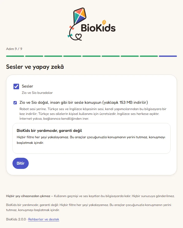 Kurulum sihirbazının 9. adımı: Sesler kutusu, doğal ses indirme kutusu ve BioKids bir yardımcıdır, garanti değil notu.